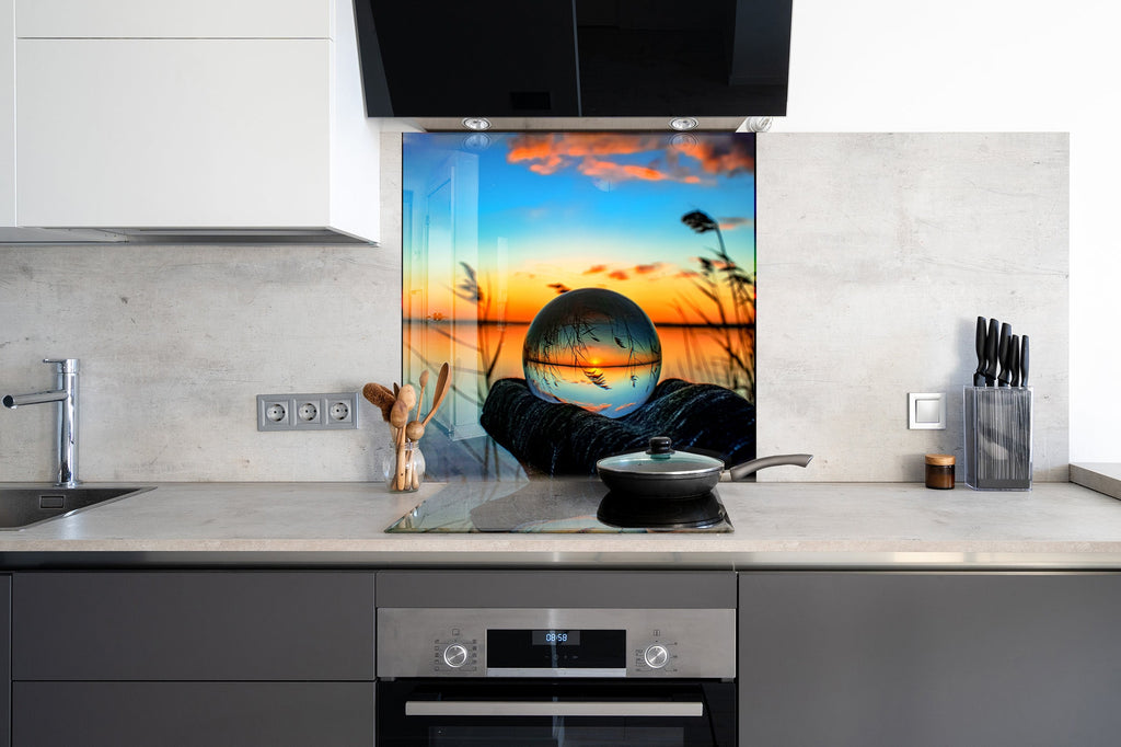Crystal Ball Sunset Landscape – Glass Kitchen Backsplash-BacksplashArtworks