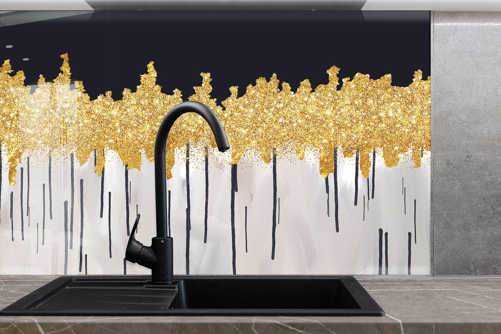 Gold Drip Design - Glass Kitchen Backsplash-BacksplashArtworks