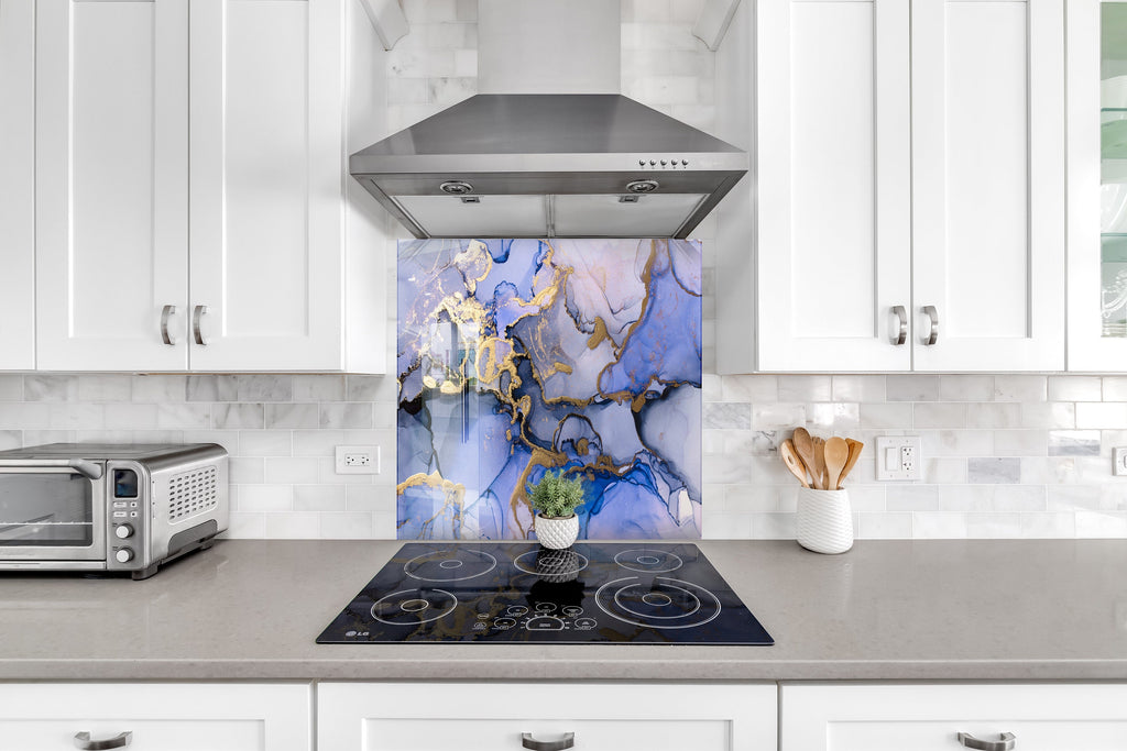 Golden Veins on Blue Marble - Glass Kitchen Backsplash-BacksplashArtworks