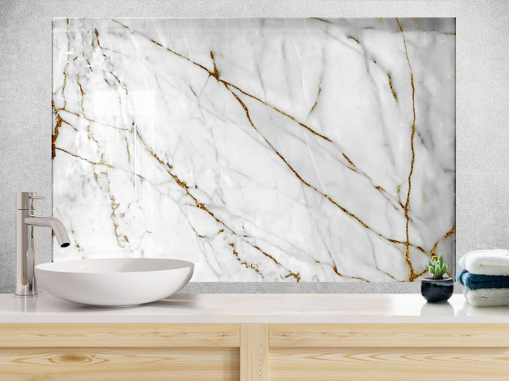 White & Gold Marble Vein - Glass Kitchen Backsplash-BacksplashArtworks