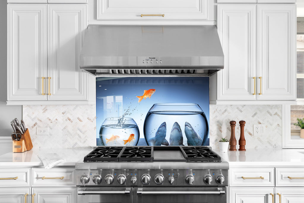Vibrant Ocean Glass Kitchen Backsplash – Goldfish & Fishbowl Design-BacksplashArtworks