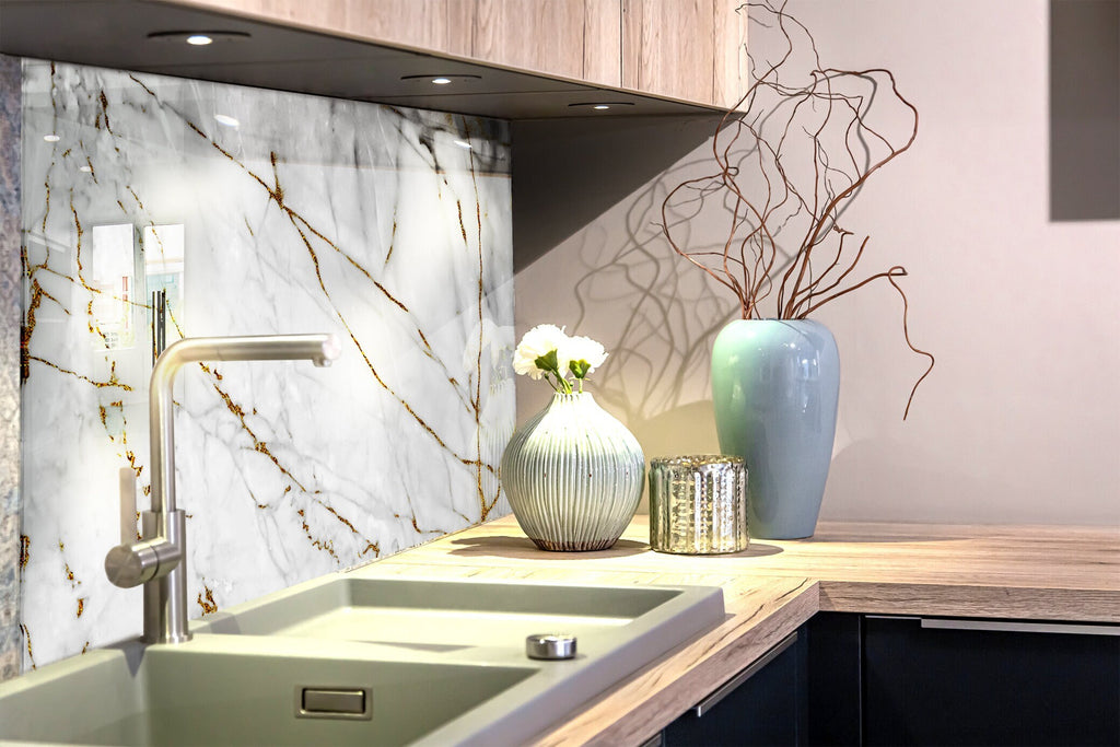 White & Gold Marble Vein - Glass Kitchen Backsplash-BacksplashArtworks