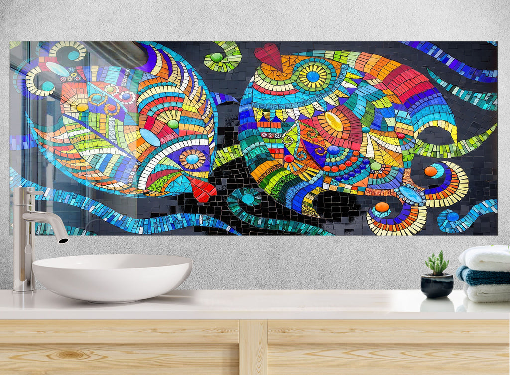 Mosaic Glass Kitchen Backsplash with Colorful Abstract Fish Design-BacksplashArtworks