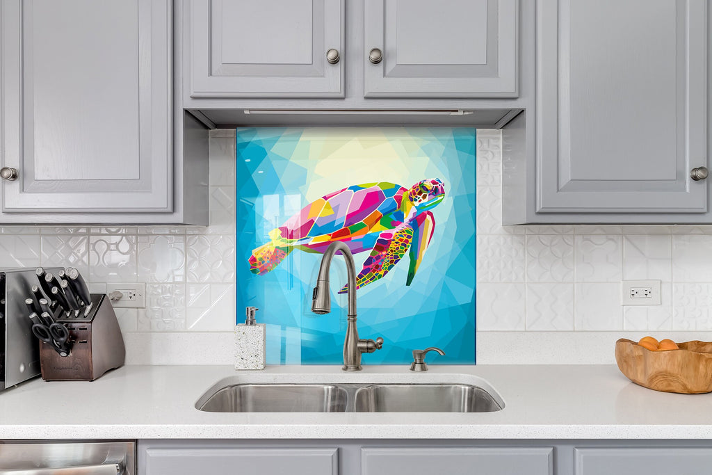 Geometric Sea Turtle – Glass Kitchen Backsplash-BacksplashArtworks