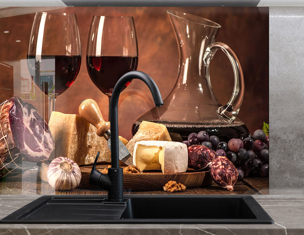 Rustic Wine & Cheese Glass Backsplash – Gourmet Charcuterie Elegance-BacksplashArtworks