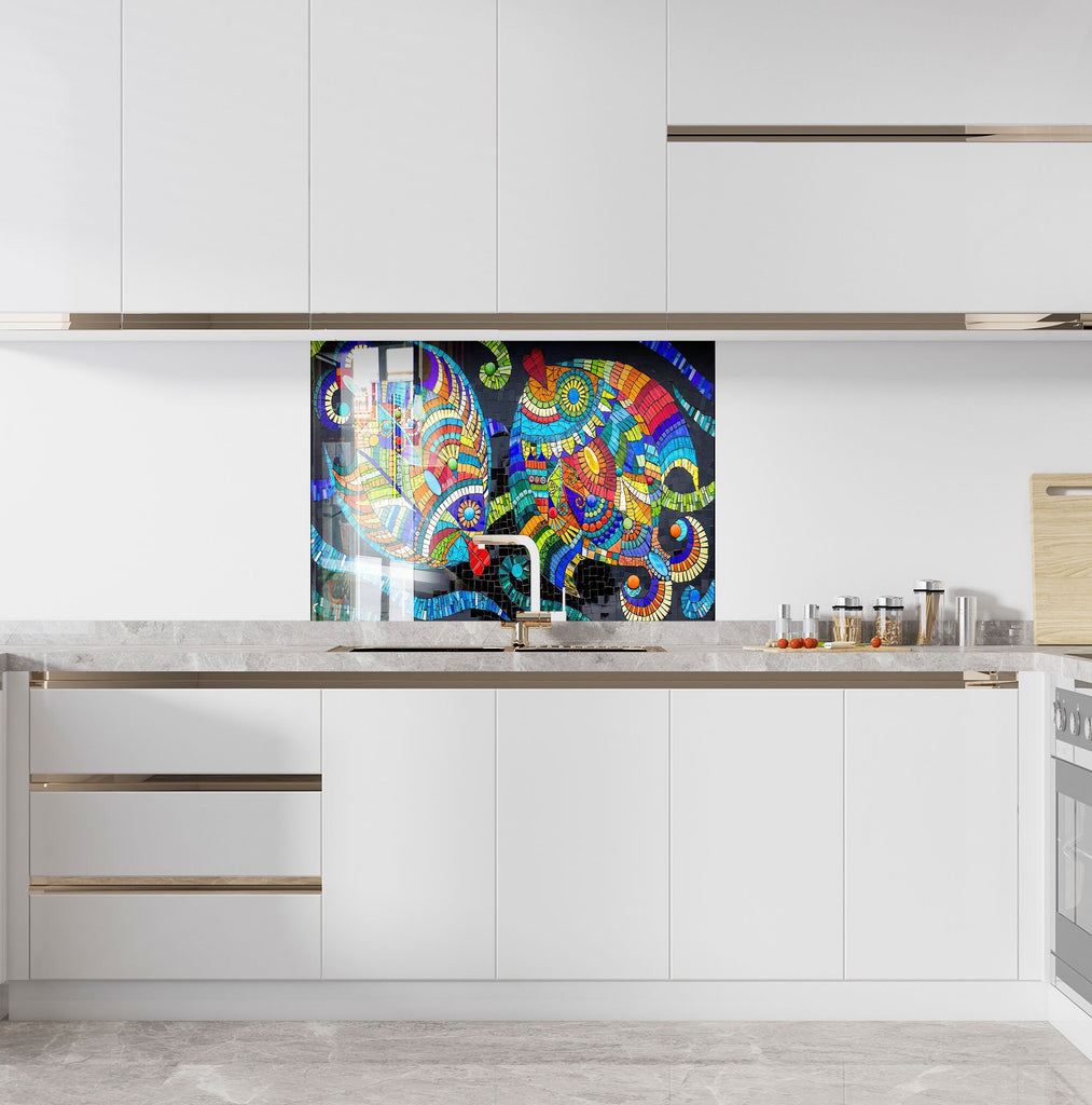 Mosaic Glass Kitchen Backsplash with Colorful Abstract Fish Design-BacksplashArtworks