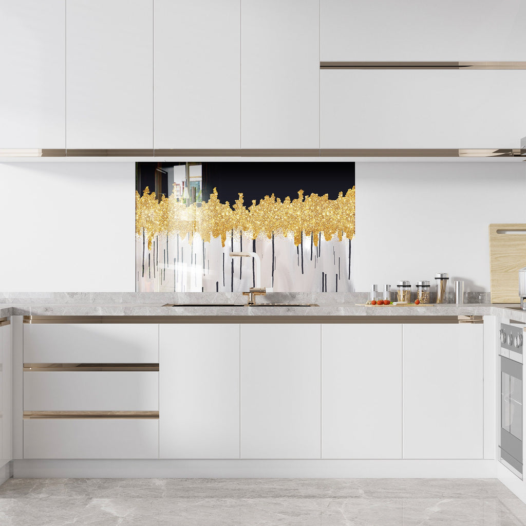 Gold Drip Design - Glass Kitchen Backsplash-BacksplashArtworks