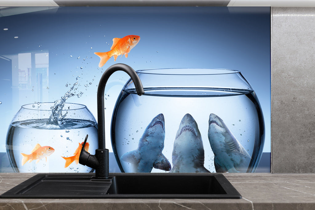 Vibrant Ocean Glass Kitchen Backsplash – Goldfish & Fishbowl Design-BacksplashArtworks