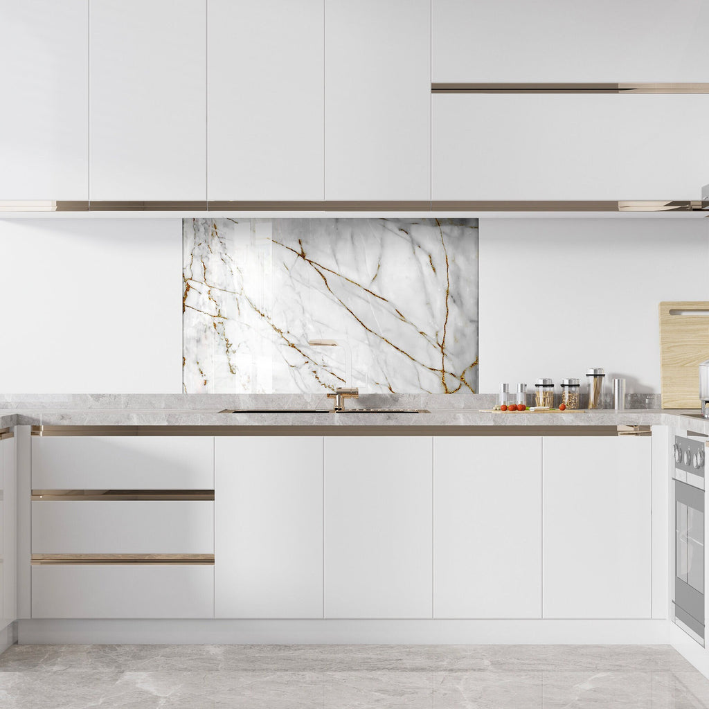 White & Gold Marble Vein - Glass Kitchen Backsplash-BacksplashArtworks