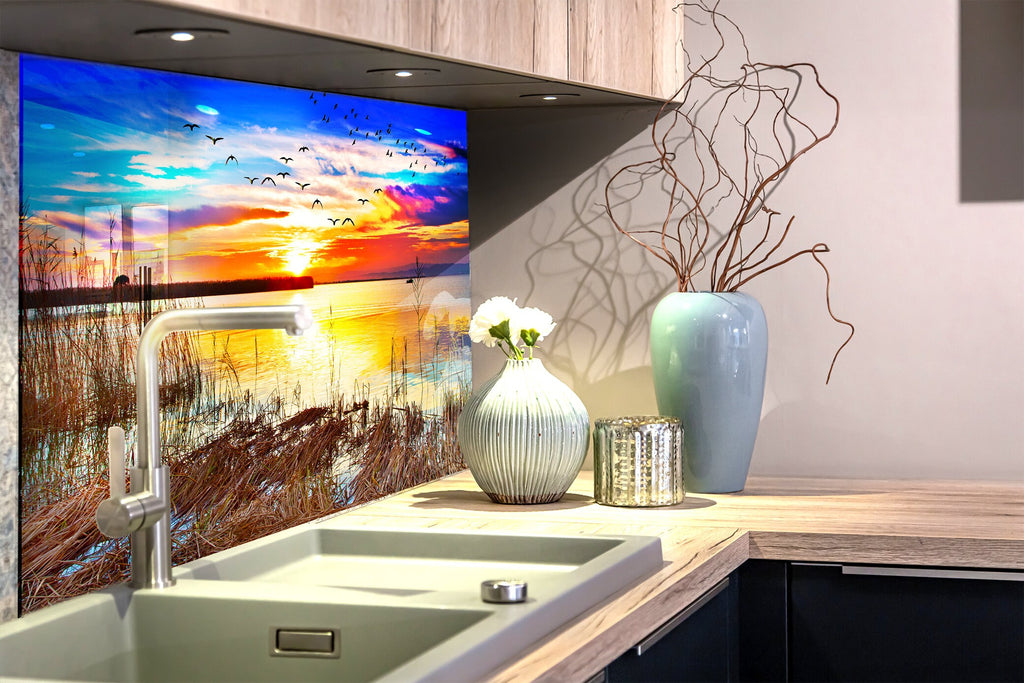 Golden Sunset Lake – Glass Kitchen Backsplash-BacksplashArtworks