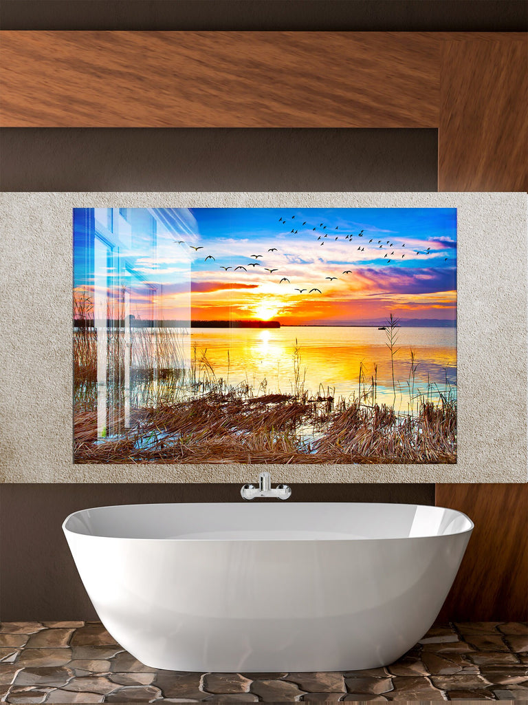 Golden Sunset Lake – Glass Kitchen Backsplash-BacksplashArtworks