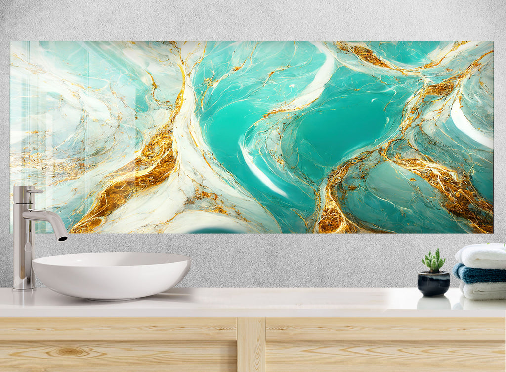 Turquoise & Gold Elegance - Glass Kitchen Backsplash-BacksplashArtworks