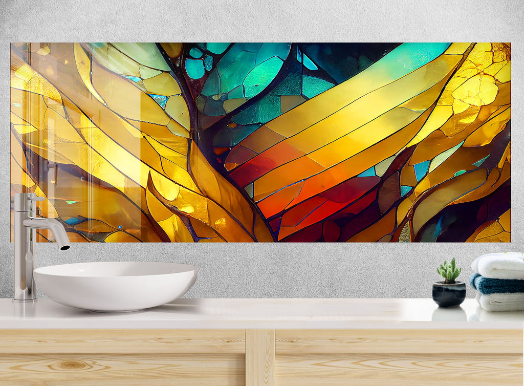 Golden & Blue Stained - Glass Kitchen Backsplash-BacksplashArtworks