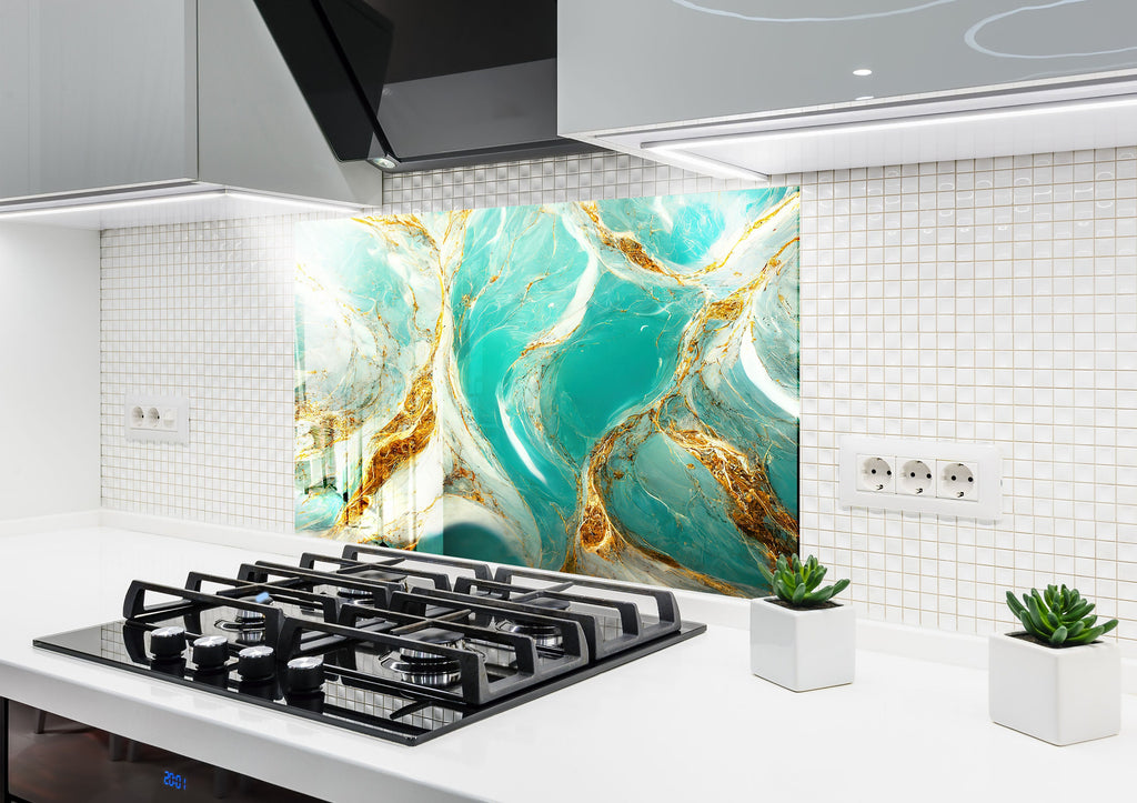 Turquoise & Gold Elegance - Glass Kitchen Backsplash-BacksplashArtworks