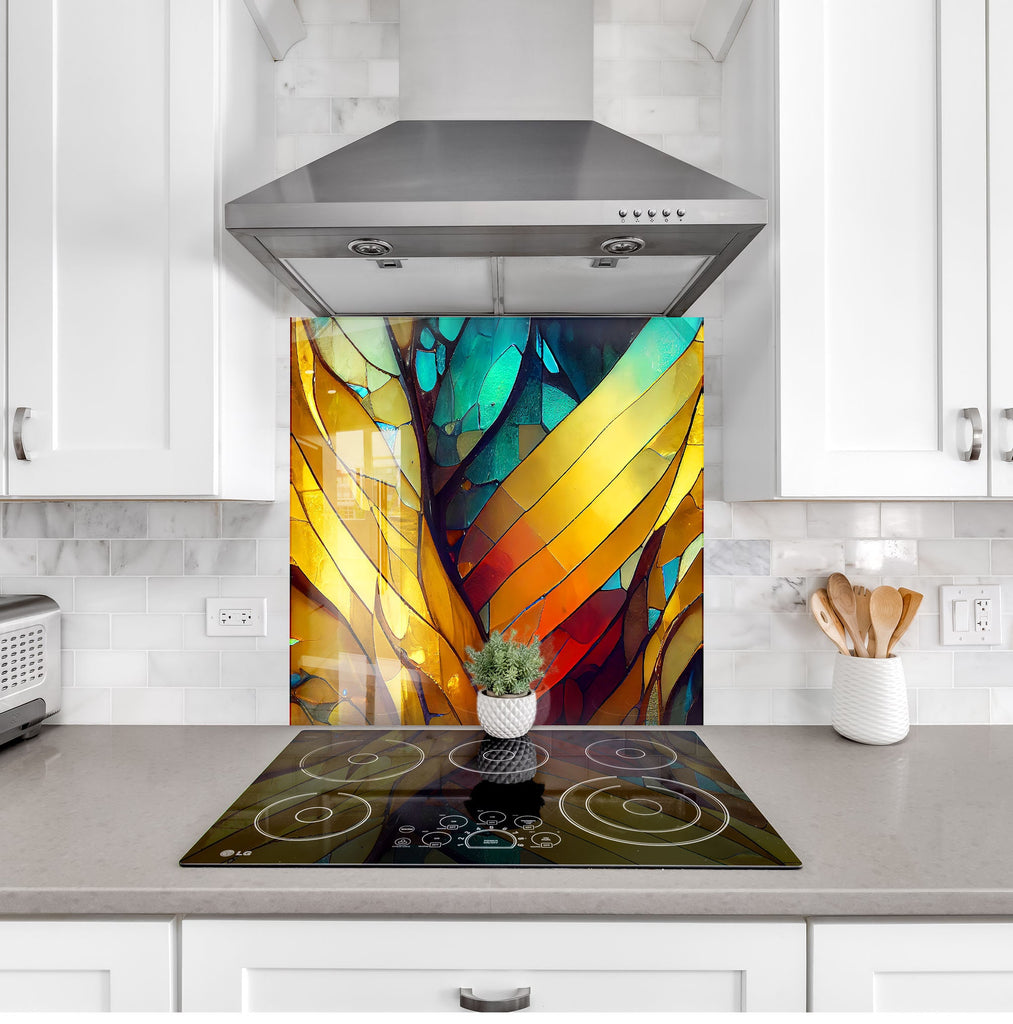 Golden & Blue Stained - Glass Kitchen Backsplash-BacksplashArtworks