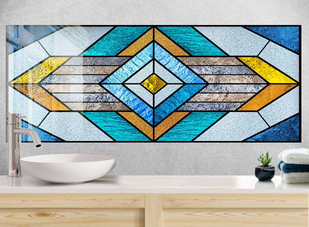 Geometric Blue & Gold Stained - Glass Kitchen Backsplash-BacksplashArtworks