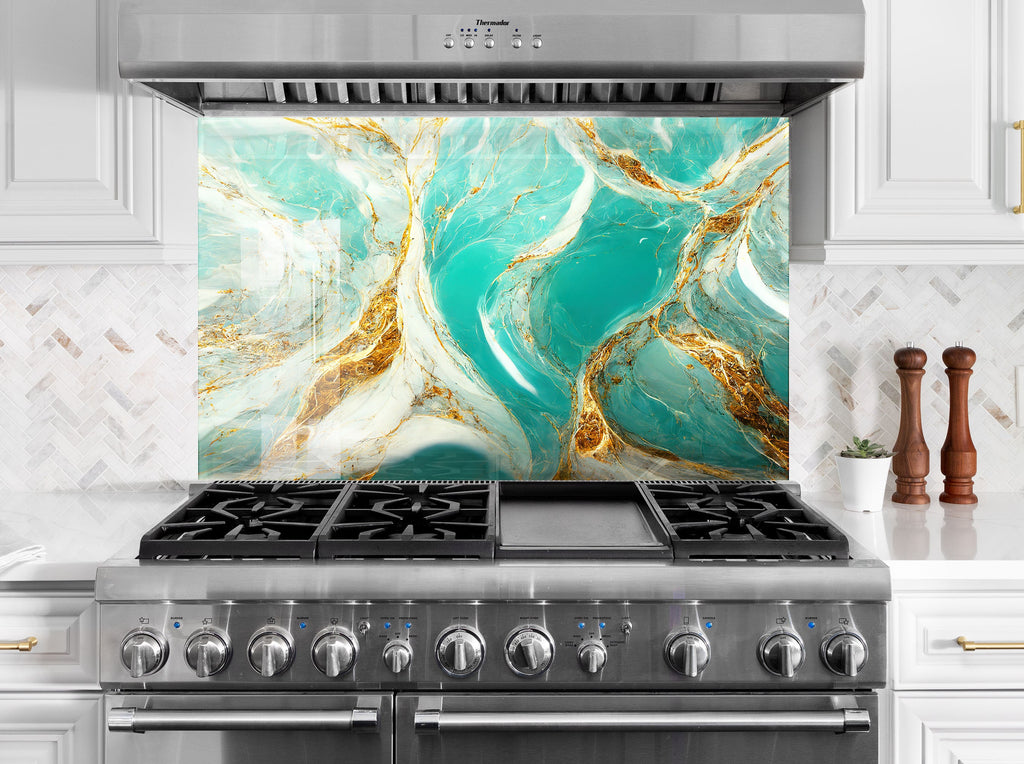 Turquoise & Gold Elegance - Glass Kitchen Backsplash-BacksplashArtworks