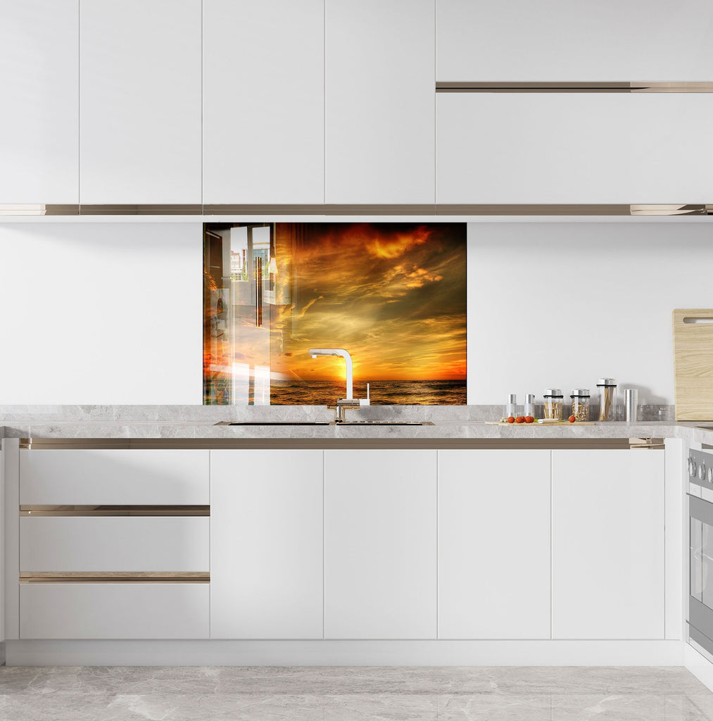Golden Sunset Over Ocean – Tempered Glass Kitchen Backsplash-BacksplashArtworks