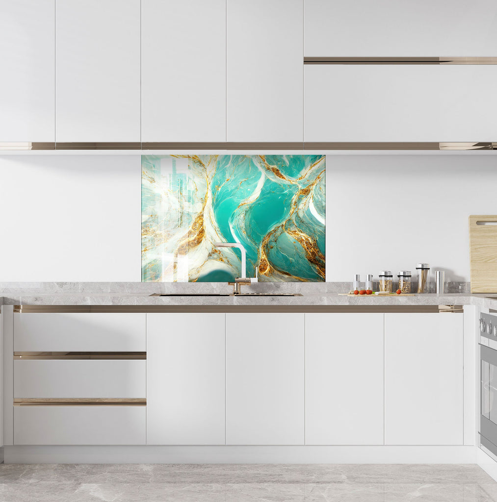 Turquoise & Gold Elegance - Glass Kitchen Backsplash-BacksplashArtworks