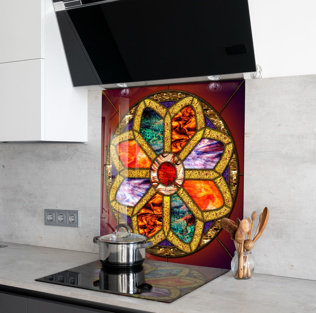 Stained Glass Rose Window - Glass Kitchen Backsplash-BacksplashArtworks