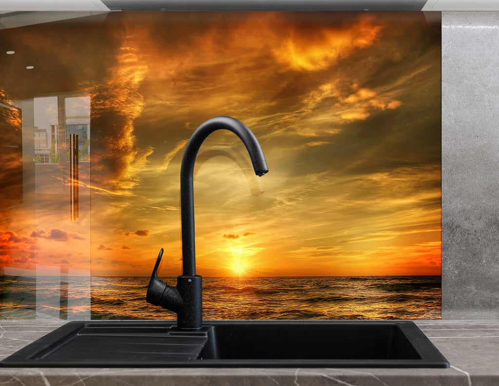 Golden Sunset Over Ocean – Tempered Glass Kitchen Backsplash-BacksplashArtworks