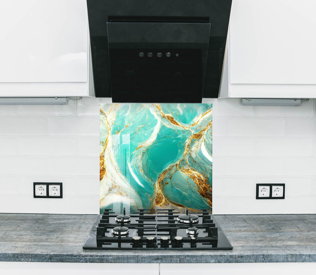 Turquoise & Gold Elegance - Glass Kitchen Backsplash-BacksplashArtworks