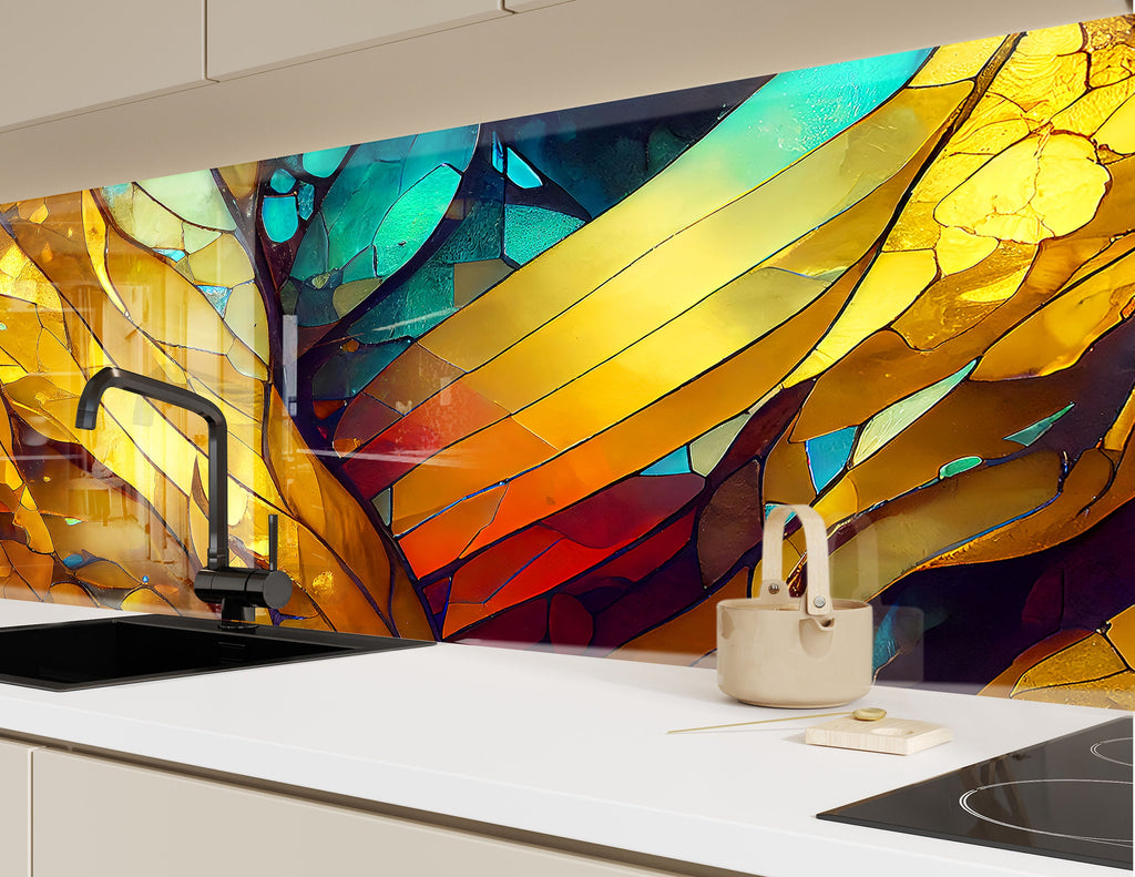 Golden & Blue Stained - Glass Kitchen Backsplash-BacksplashArtworks