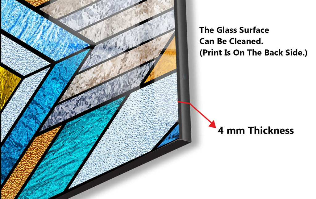 Geometric Blue & Gold Stained - Glass Kitchen Backsplash-BacksplashArtworks