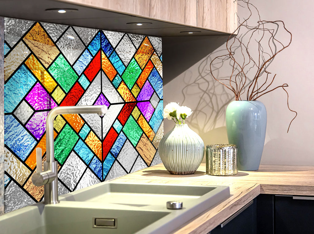 Colorful Geometric Stained - Tempered Glass Kitchen Backsplash-BacksplashArtworks