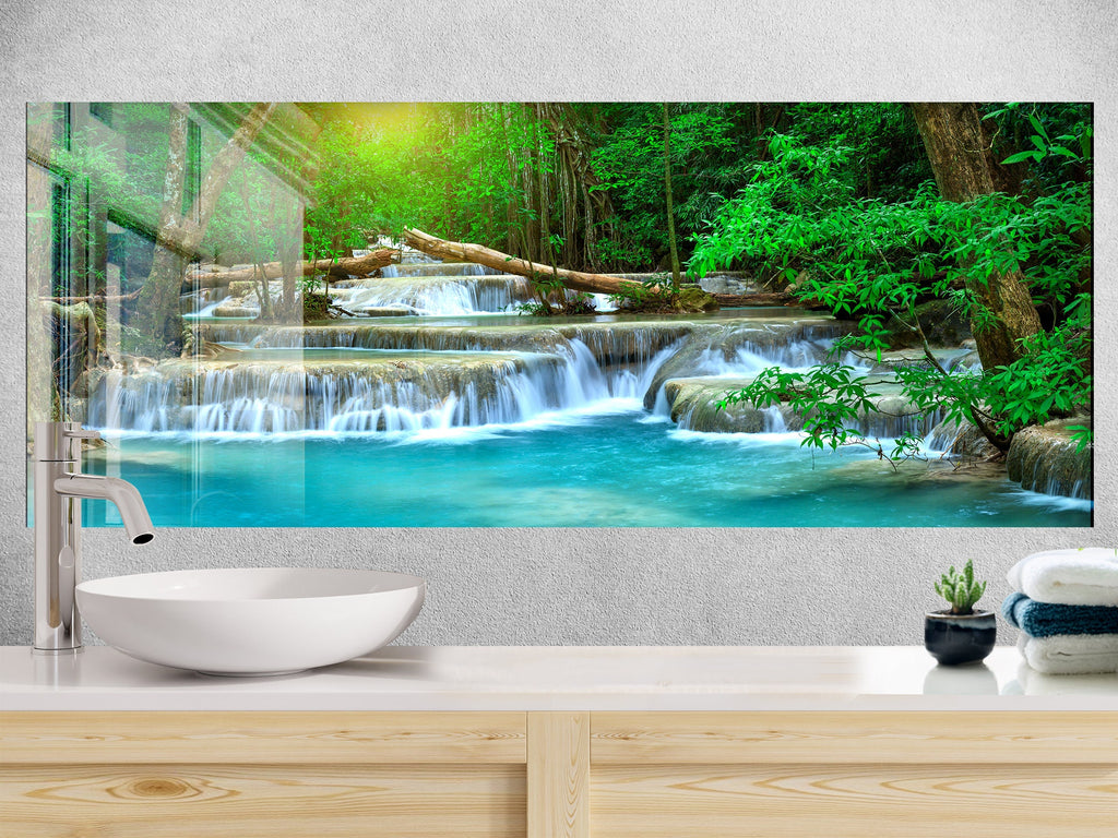 Tropical Waterfall Paradise – Glass Kitchen Backsplash-BacksplashArtworks