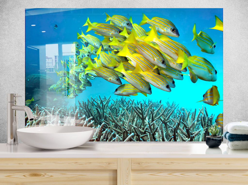 Vibrant Ocean Glass Kitchen Backsplash – Yellow Fish & Coral Reef-BacksplashArtworks