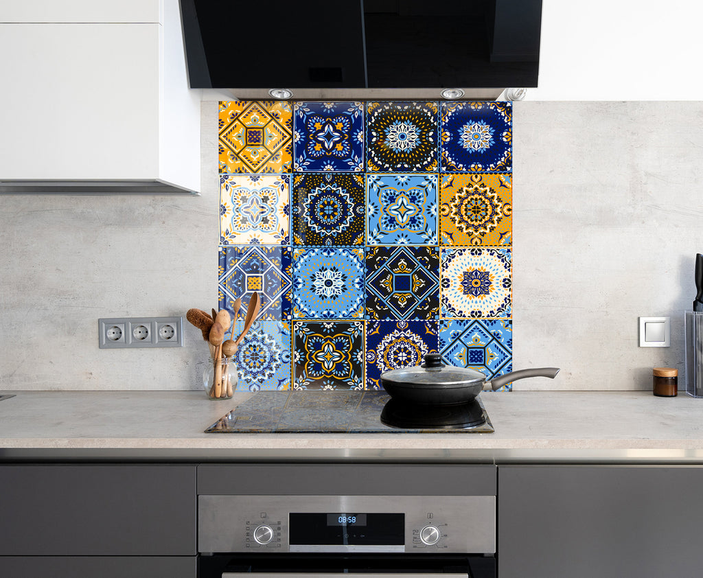 Vibrant Blue and Yellow Moroccan Tile Mosaic Glass Kitchen Backsplash-BacksplashArtworks