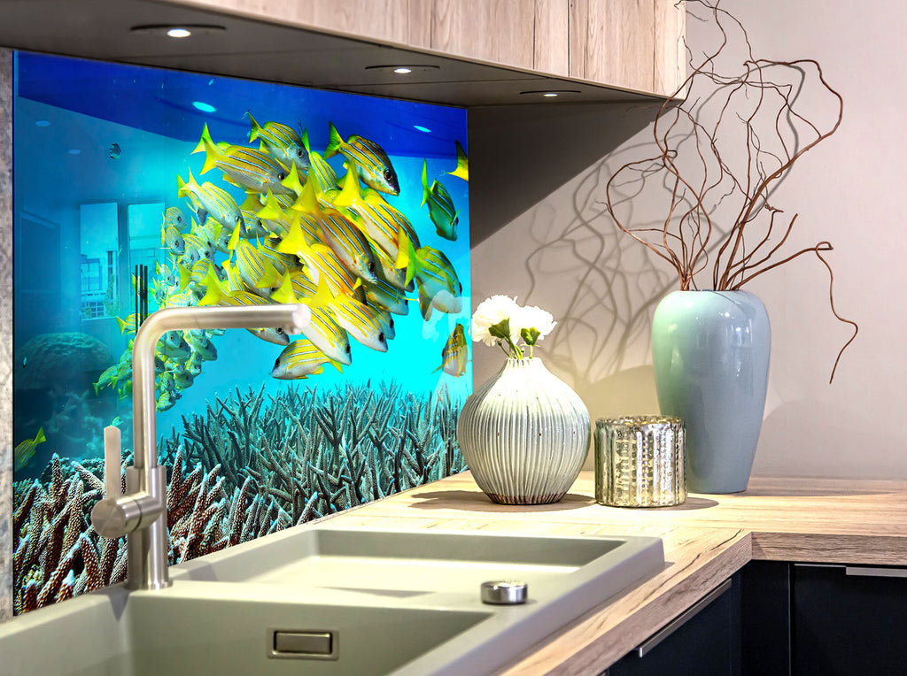 Vibrant Ocean Glass Kitchen Backsplash – Yellow Fish & Coral Reef-BacksplashArtworks