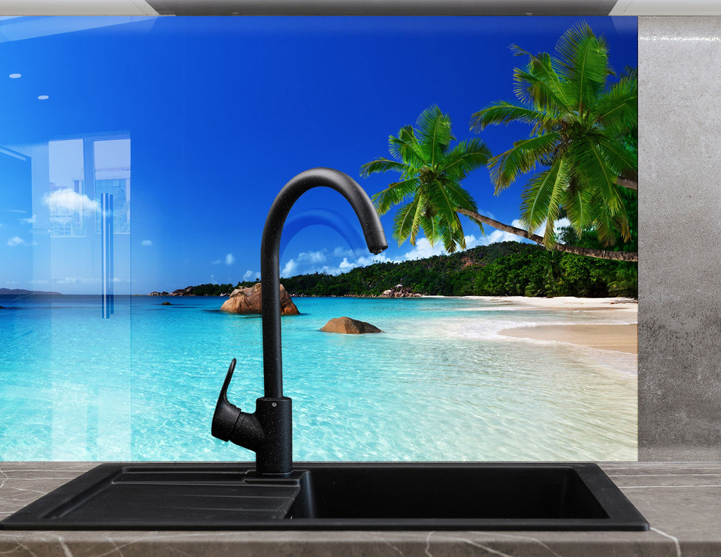 Tropical Paradise Beach View Wall Art – Glass Kitchen Backsplash-BacksplashArtworks