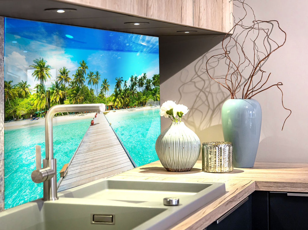 Tropical Paradise Pier View Wall Art – Glass Backsplash-BacksplashArtworks