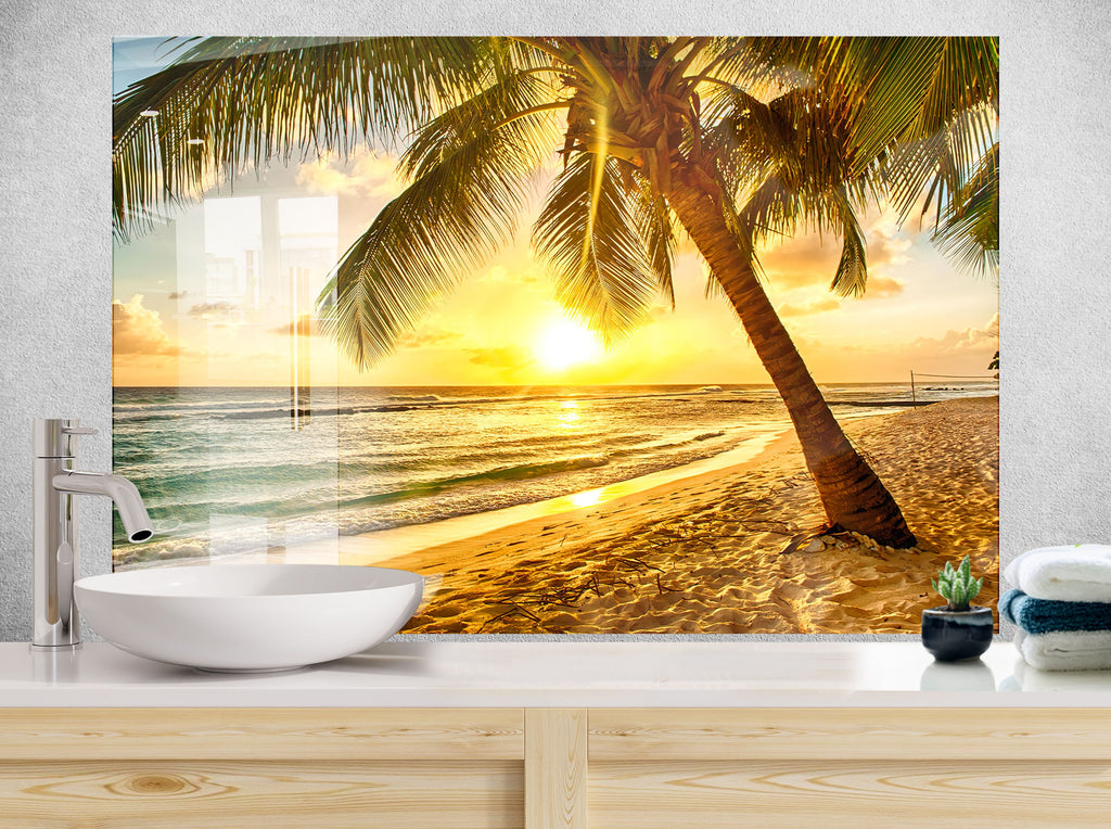 Tropical Sunset Palm Beach Wall Art – Glass Backsplash-BacksplashArtworks