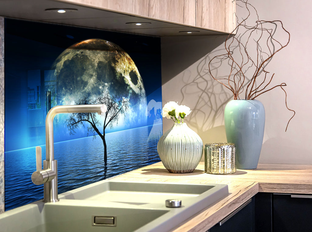 Mystical Moonlit Ocean - Glass Kitchen Backsplash-BacksplashArtworks