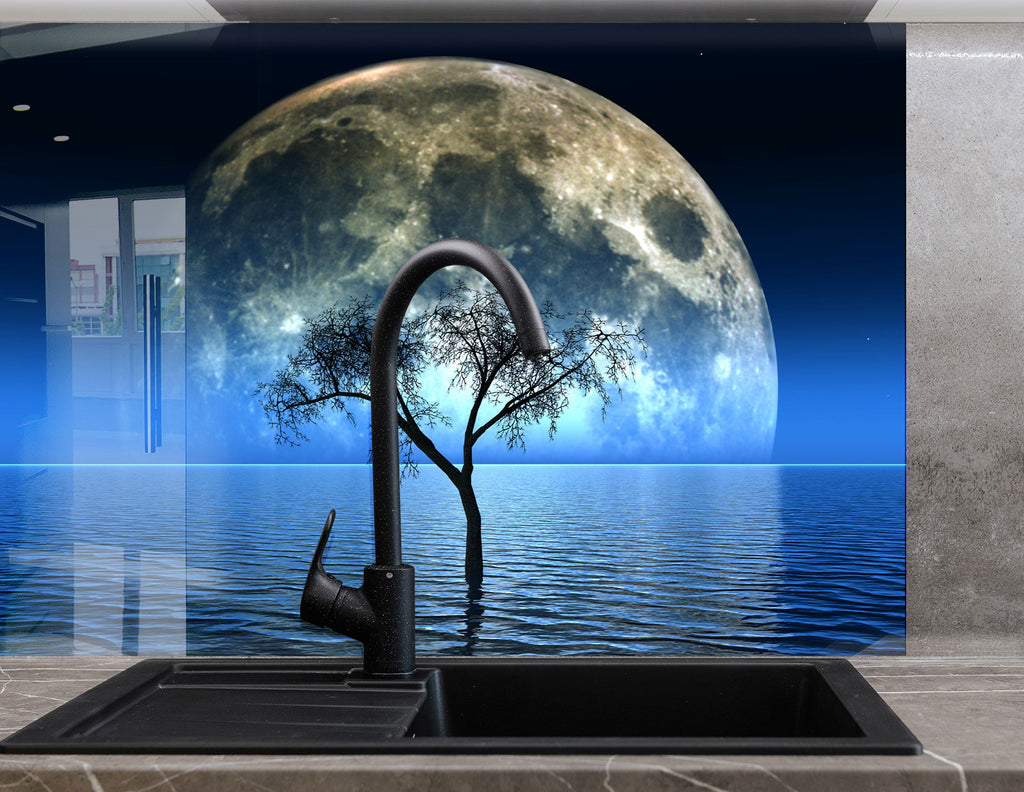 Mystical Moonlit Ocean - Glass Kitchen Backsplash-BacksplashArtworks