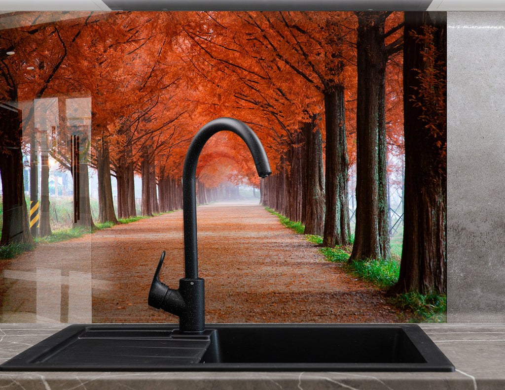 Autumn Forest Path - Glass Kitchen Backsplash-BacksplashArtworks