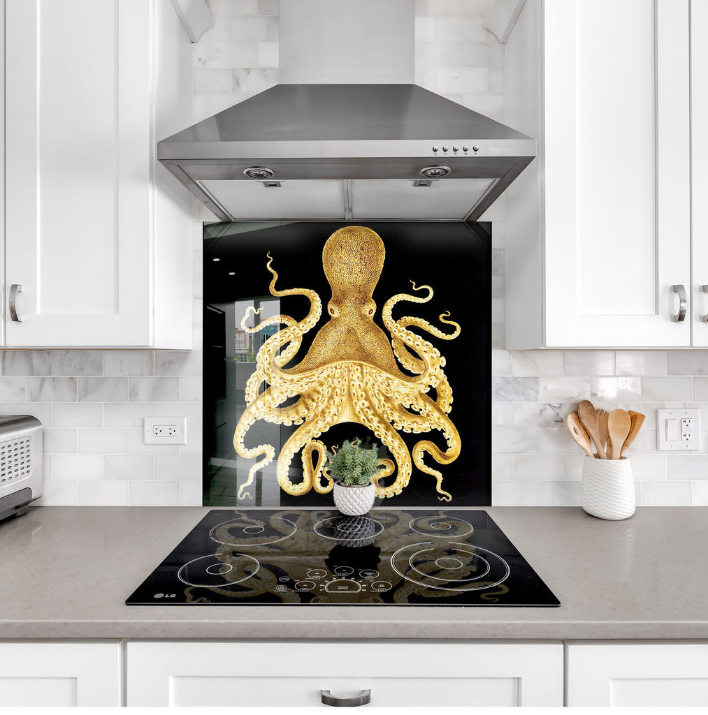 Golden Octopus – Luxury Glass Kitchen Backsplash-BacksplashArtworks