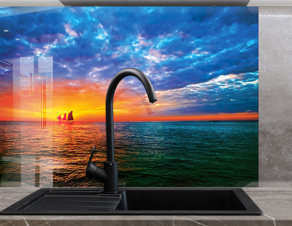 Sailing Sunset Ocean – Glass Kitchen Backsplash-BacksplashArtworks