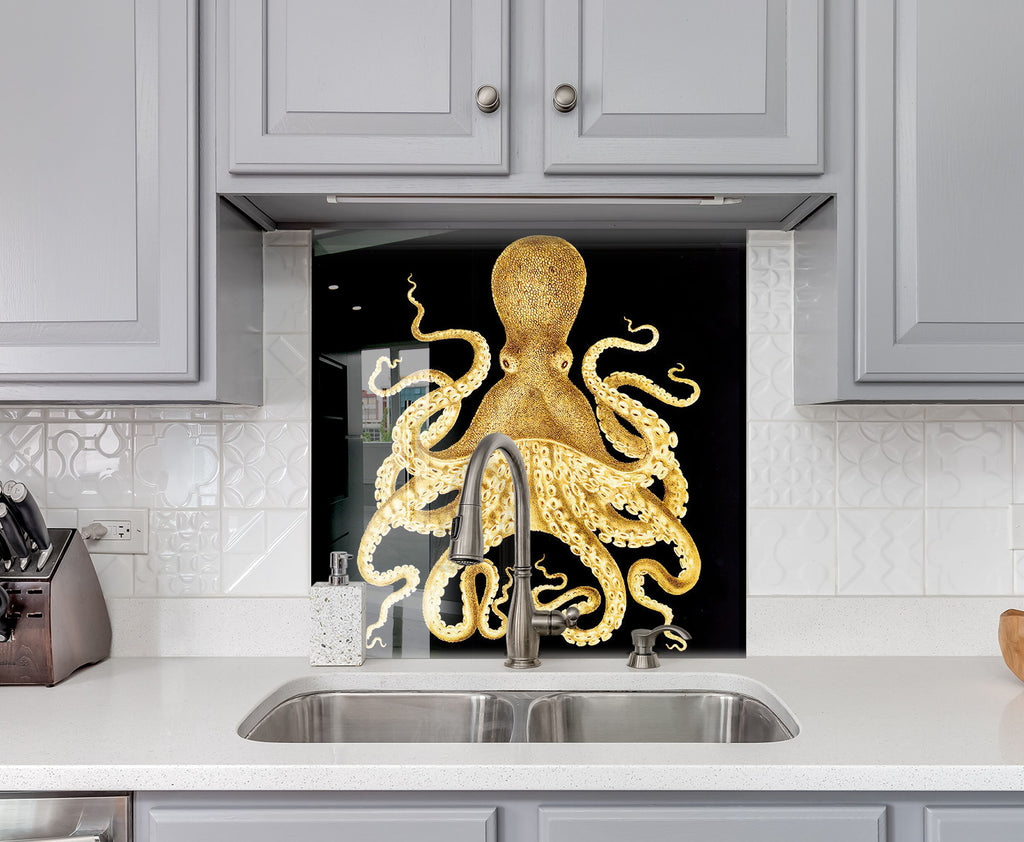 Golden Octopus – Luxury Glass Kitchen Backsplash-BacksplashArtworks