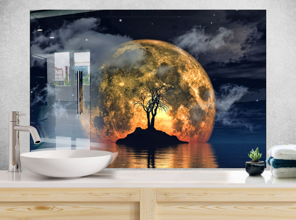 Mystical Full Moon Reflection - Glass Kitchen Backsplash-BacksplashArtworks
