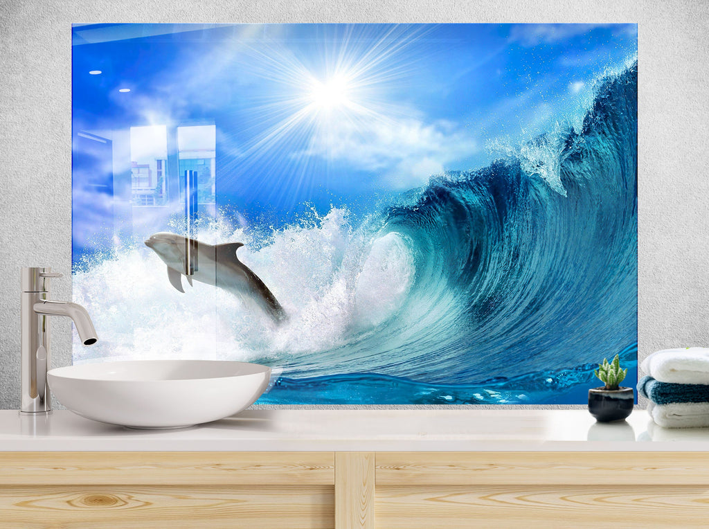 Vibrant Ocean Life Glass Kitchen Backsplash – Dolphin in Ocean Wave-BacksplashArtworks