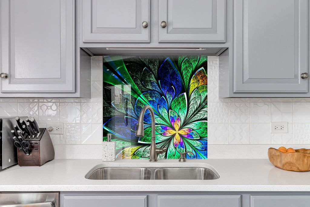 Vibrant Floral Green - Glass Kitchen Backsplash-BacksplashArtworks