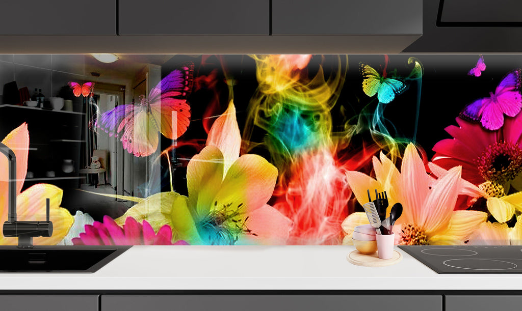 Colorful Flowers Tempered Glass Backsplash-BacksplashArtworks