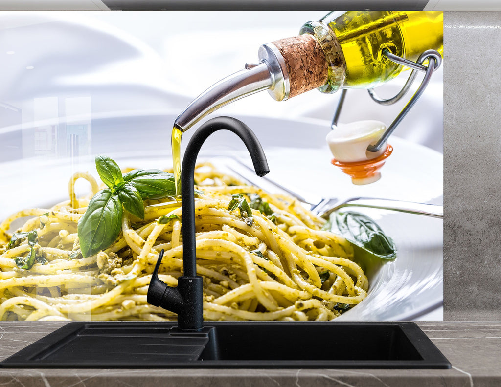 Olive Oil Glass Kitchen Backsplash – Italian Cuisine with Olive Oil Pouring-BacksplashArtworks