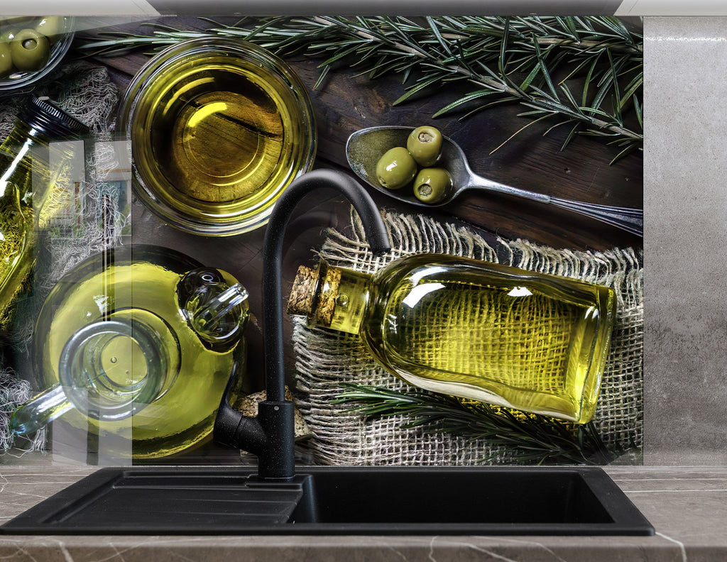 Olive Oil Glass Kitchen Backsplash – Rustic Olive Bottles & Fresh Herbs Design-BacksplashArtworks