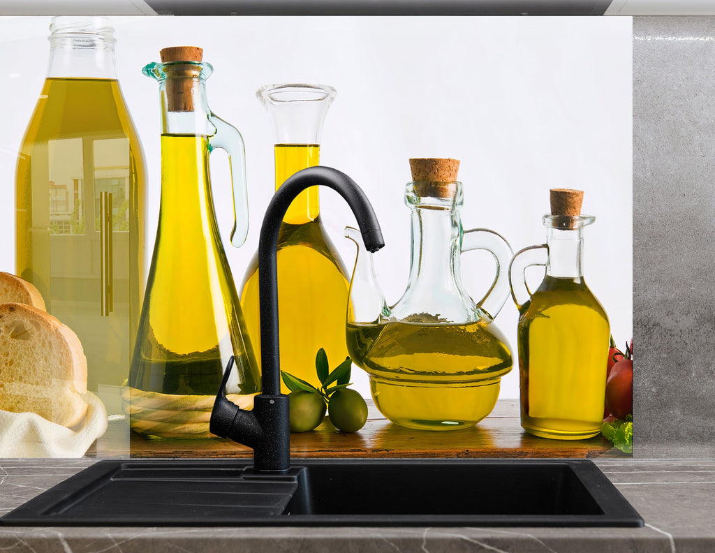 Olive Oil Glass Kitchen Backsplash – Rustic Olive Bottles with Bread Design-BacksplashArtworks