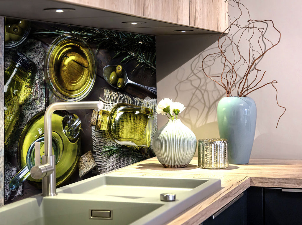 Olive Oil Glass Kitchen Backsplash – Rustic Olive Bottles & Fresh Herbs Design-BacksplashArtworks